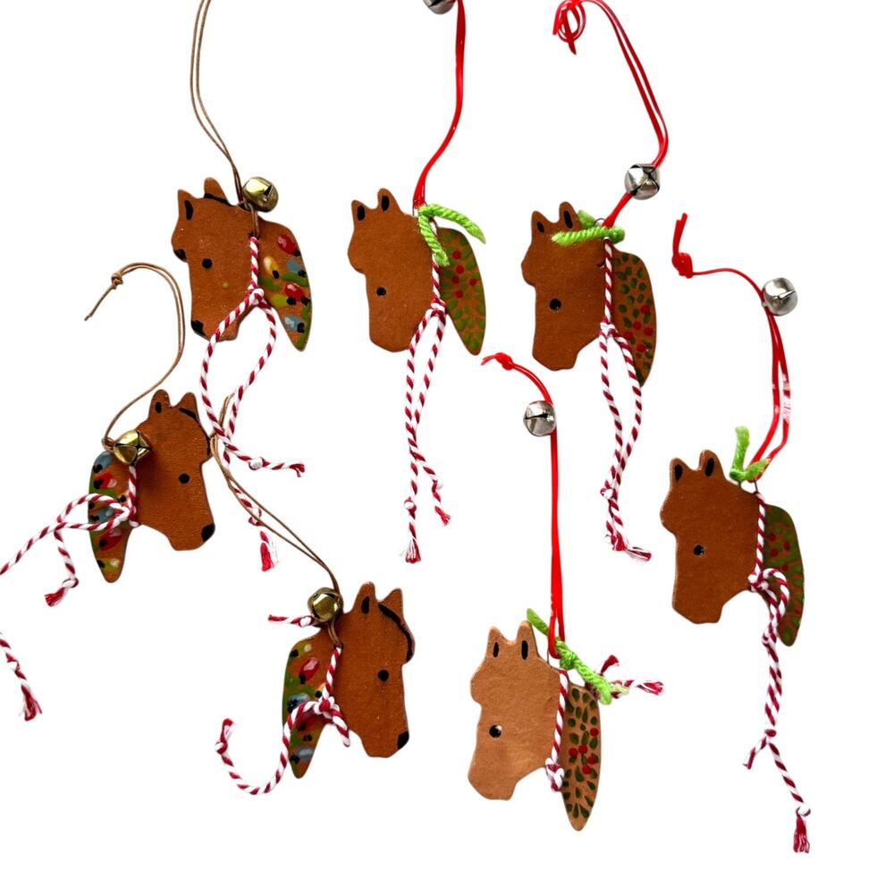 Lot of 7 Ceramic Bridled Horse Holiday Rodeo Hand Painted Folk Art Ornaments